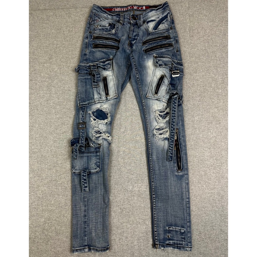 Smugglers Moon Mens Distressed Designer Jean 28x31 Button Fly Stretch Speak Easy